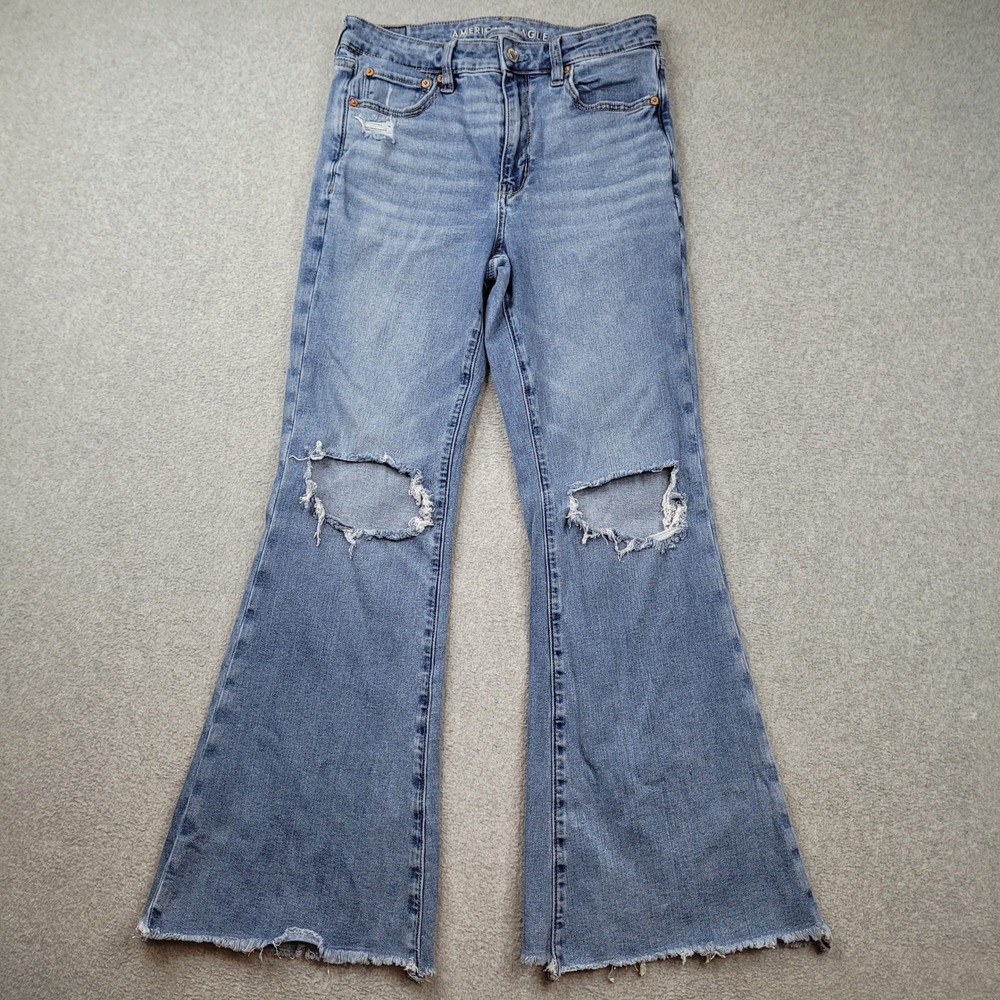 American‎ Eagle Super High Rise Flare Jeans Women Size 6 Short Blue Distressed